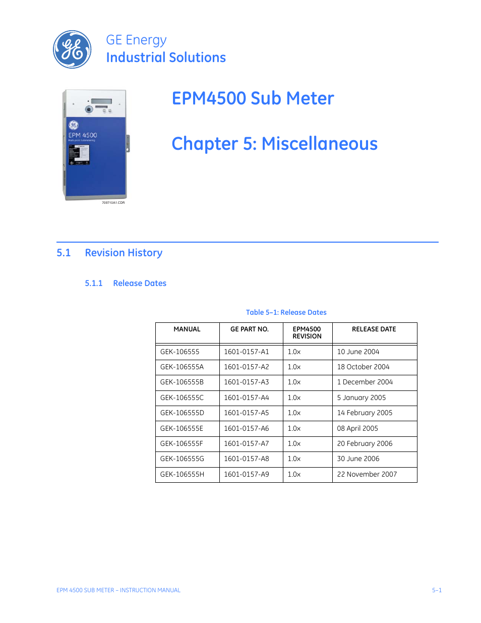 Miscellaneous, 1 revision history, 1 release dates | Revision history -1, Elease, Ates, Ge energy industrial solutions | GE Industrial Solutions EPM4500 Submeter User Manual | Page 67 / 74