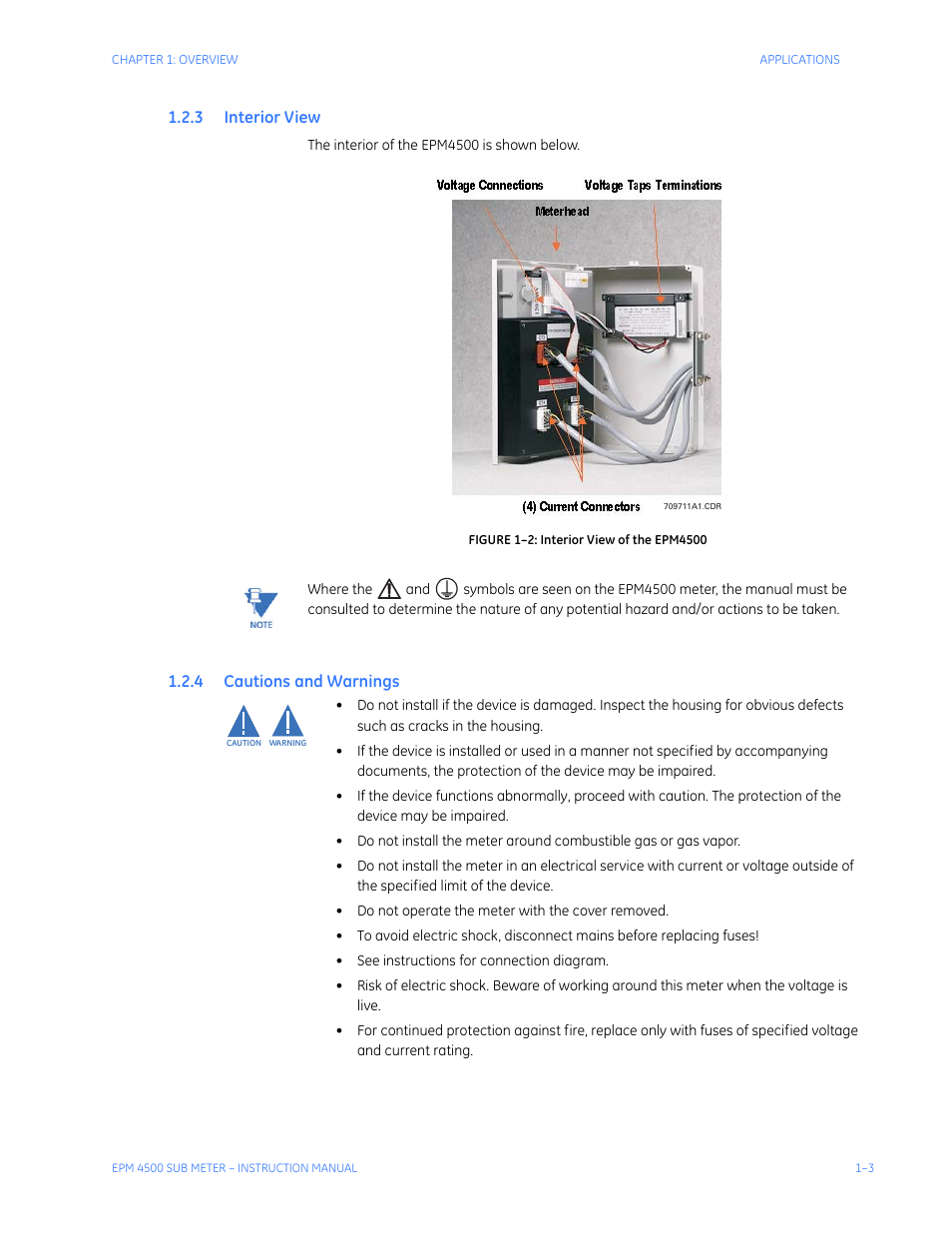 3 interior view, 4 cautions and warnings, Nterior | Autions, Arnings | GE Industrial Solutions EPM4500 Submeter User Manual | Page 7 / 74