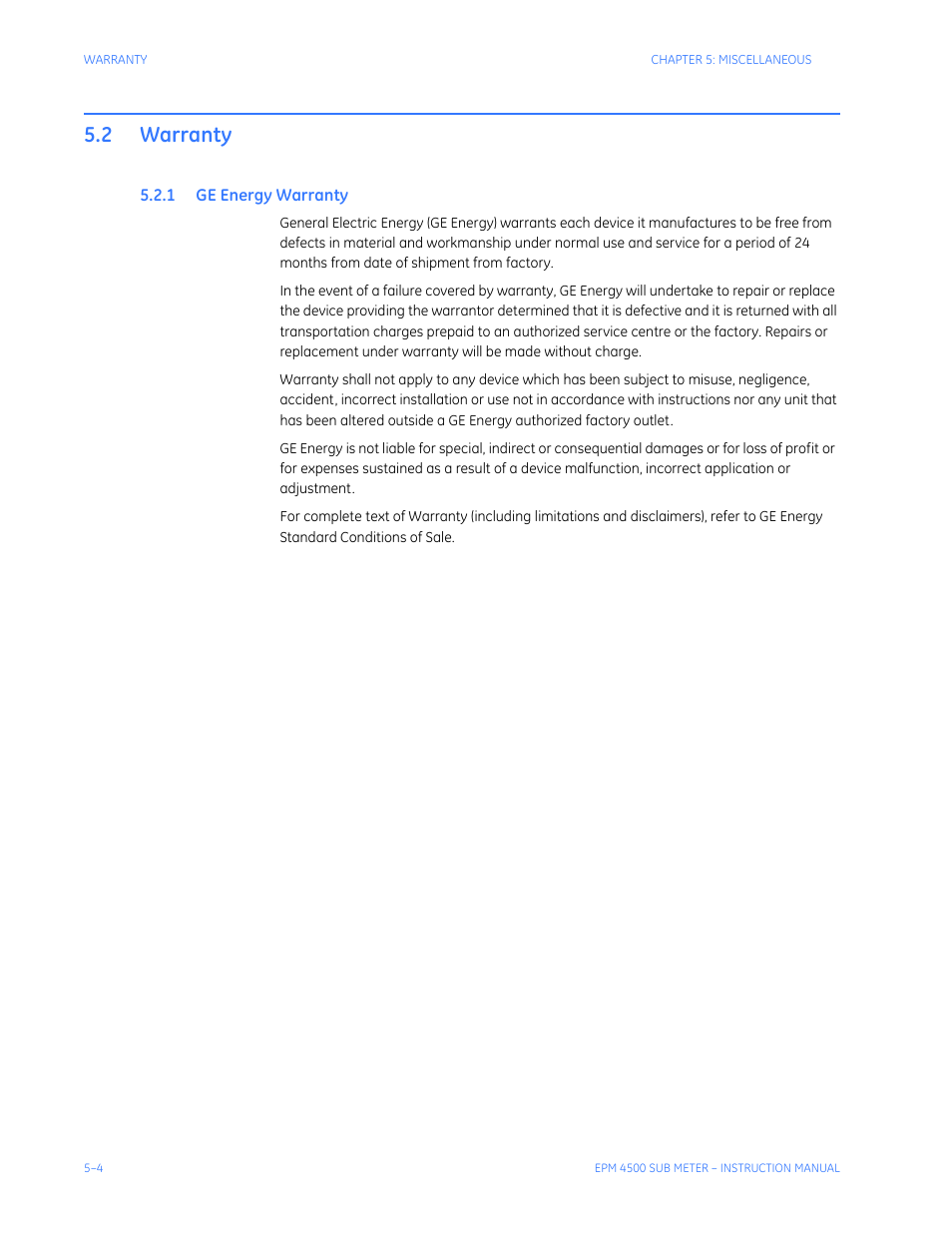 2 warranty, 1 ge energy warranty, Warranty -4 | Ge e, Nergy, Arranty | GE Industrial Solutions EPM4500 Submeter User Manual | Page 70 / 74