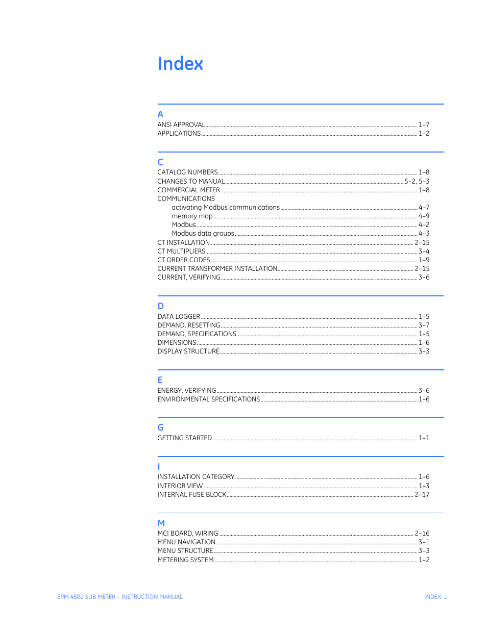 Index | GE Industrial Solutions EPM4500 Submeter User Manual | Page 71 / 74