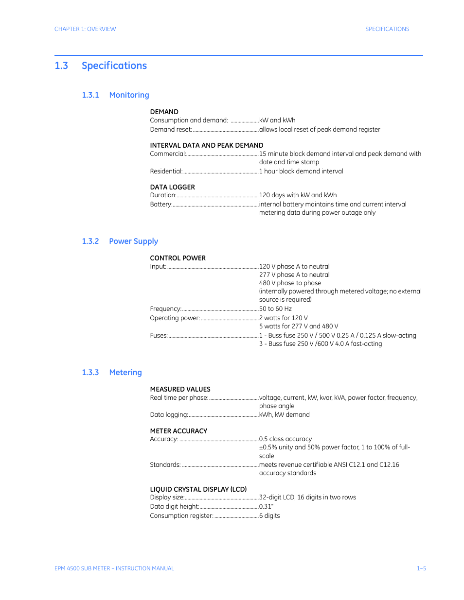 3 specifications, 1 monitoring, 2 power supply | 3 metering, Specifications -5, Onitoring, Ower, Upply, Etering | GE Industrial Solutions EPM4500 Submeter User Manual | Page 9 / 74