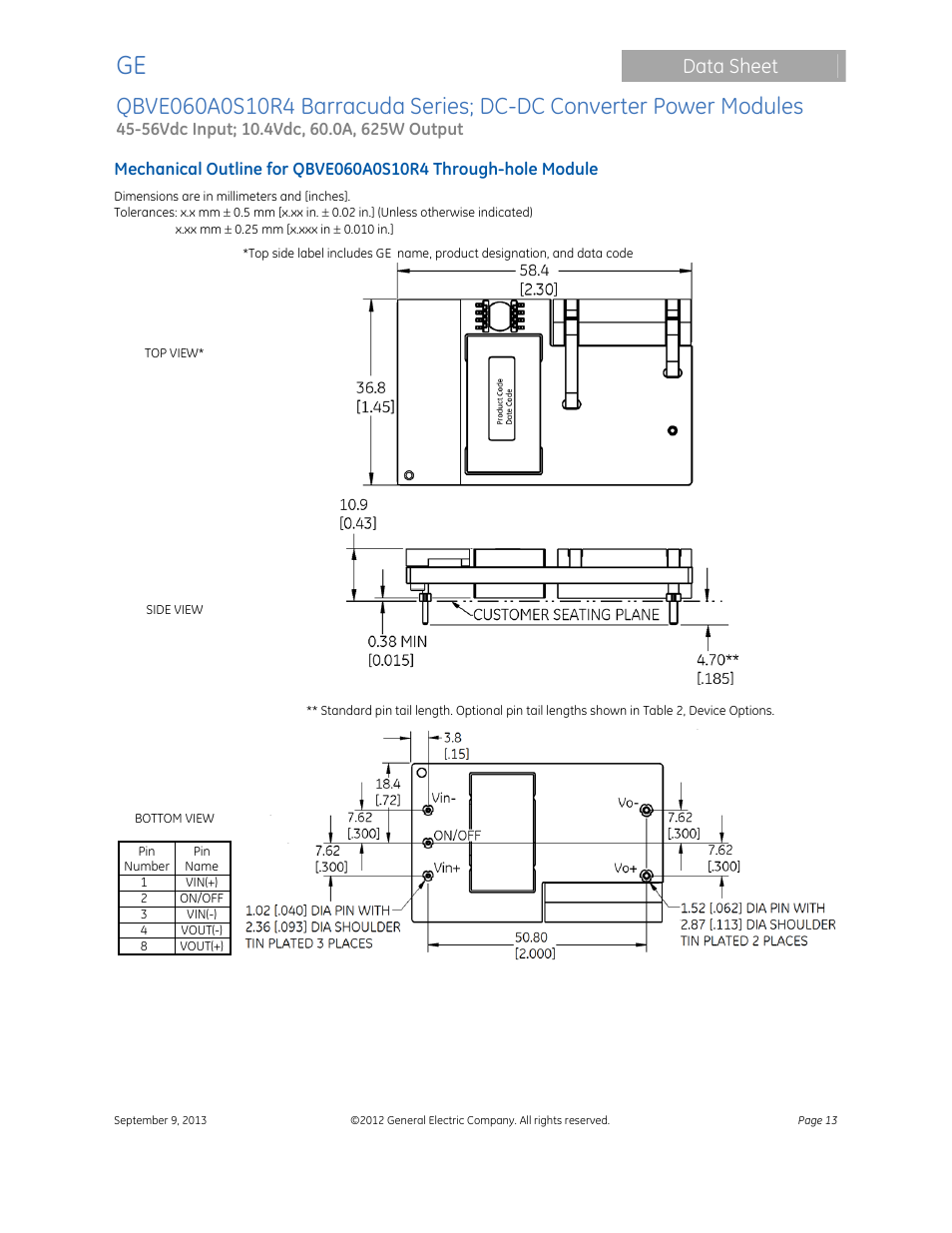 Data sheet | GE Industrial Solutions QBVE060A0S10R4 Barracuda Series User Manual | Page 13 / 17