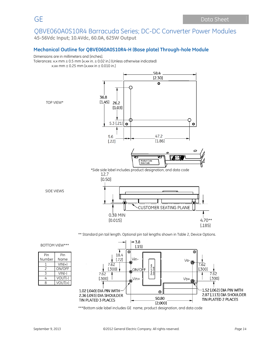 Data sheet | GE Industrial Solutions QBVE060A0S10R4 Barracuda Series User Manual | Page 14 / 17