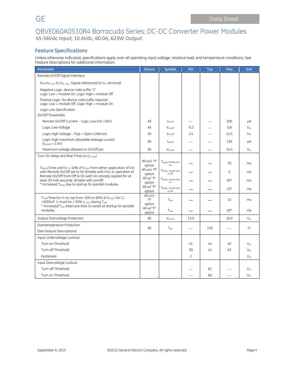 Data sheet, Feature specifications | GE Industrial Solutions QBVE060A0S10R4 Barracuda Series User Manual | Page 4 / 17