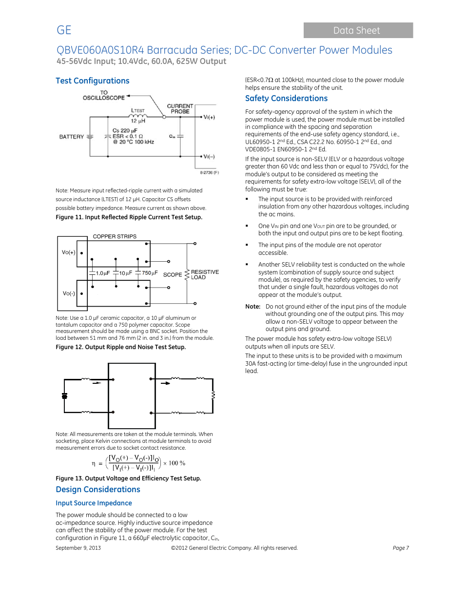 Data sheet, Test configurations, Design considerations | Safety considerations | GE Industrial Solutions QBVE060A0S10R4 Barracuda Series User Manual | Page 7 / 17