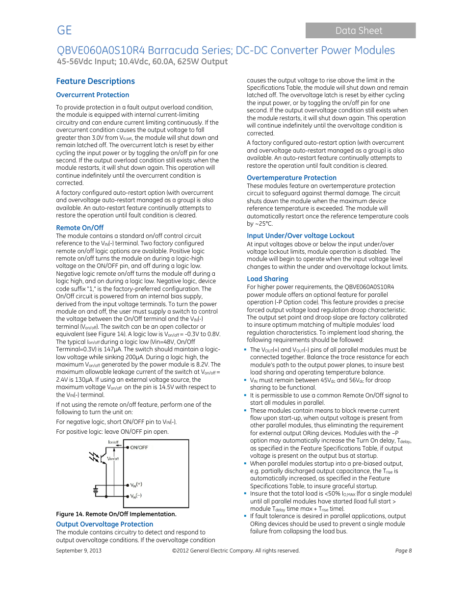Data sheet, Feature descriptions | GE Industrial Solutions QBVE060A0S10R4 Barracuda Series User Manual | Page 8 / 17