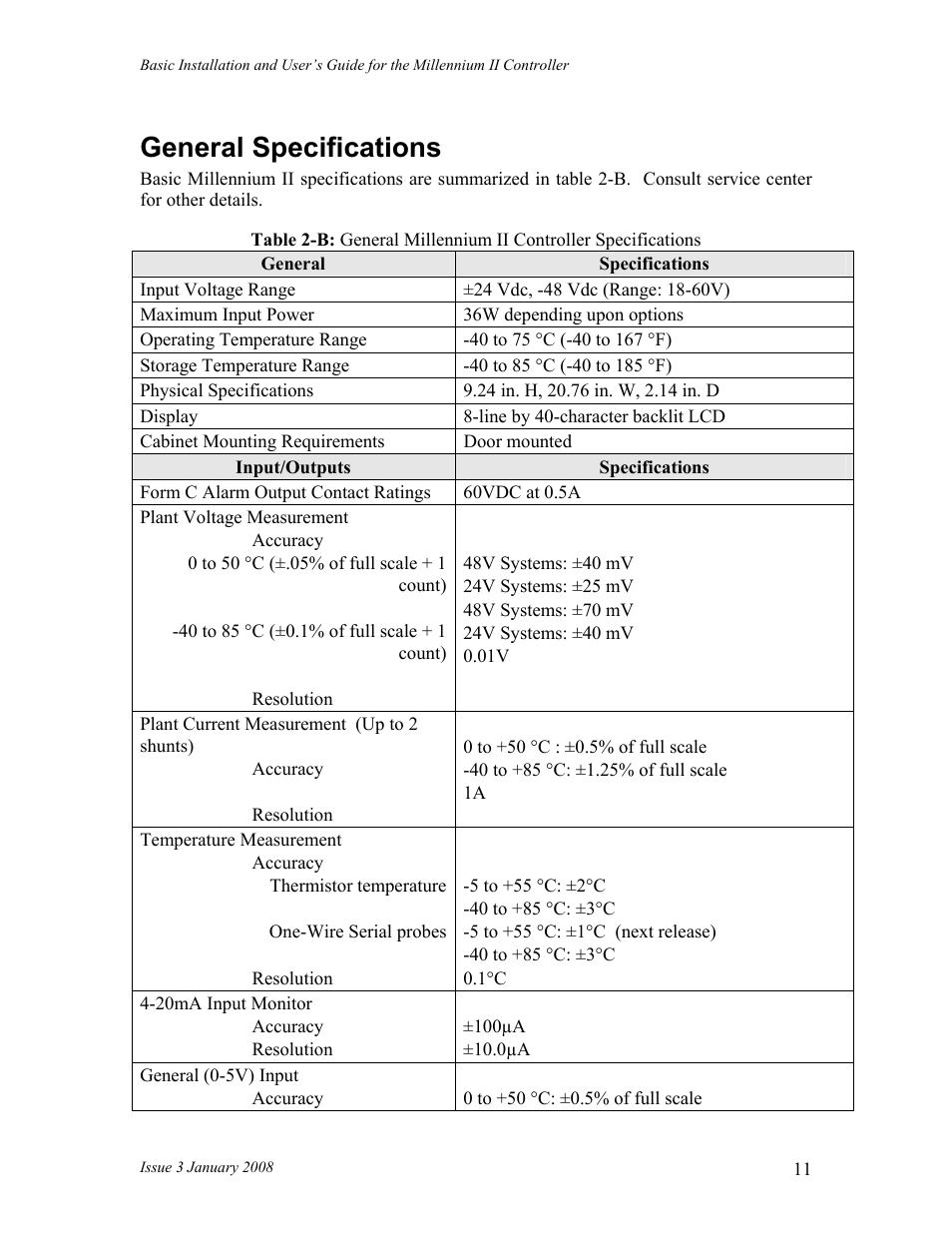 General specifications | GE Industrial Solutions Millennium II Controller J85501P-1 User Manual | Page 11 / 116