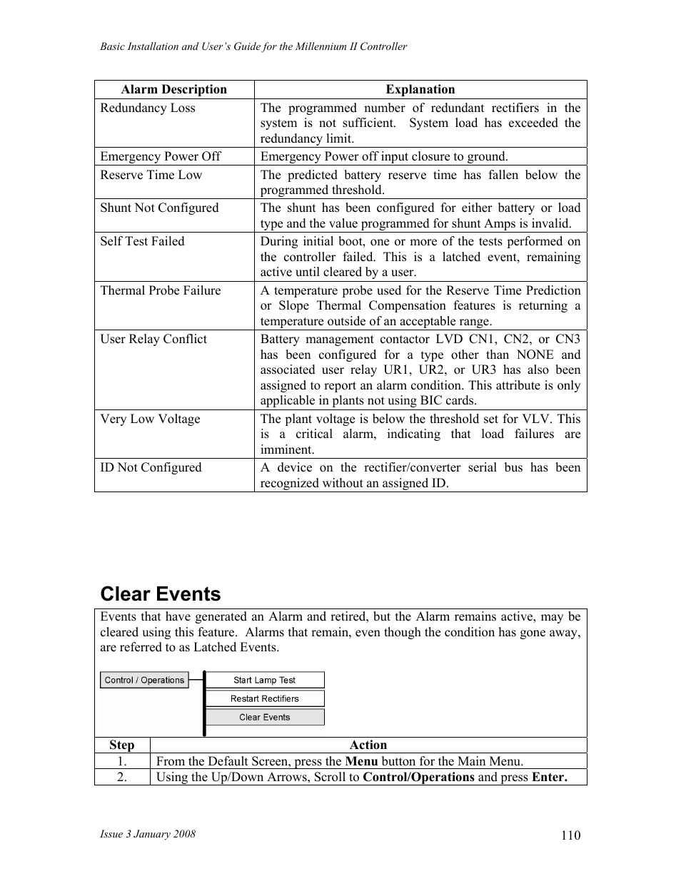 Clear events | GE Industrial Solutions Millennium II Controller J85501P-1 User Manual | Page 110 / 116