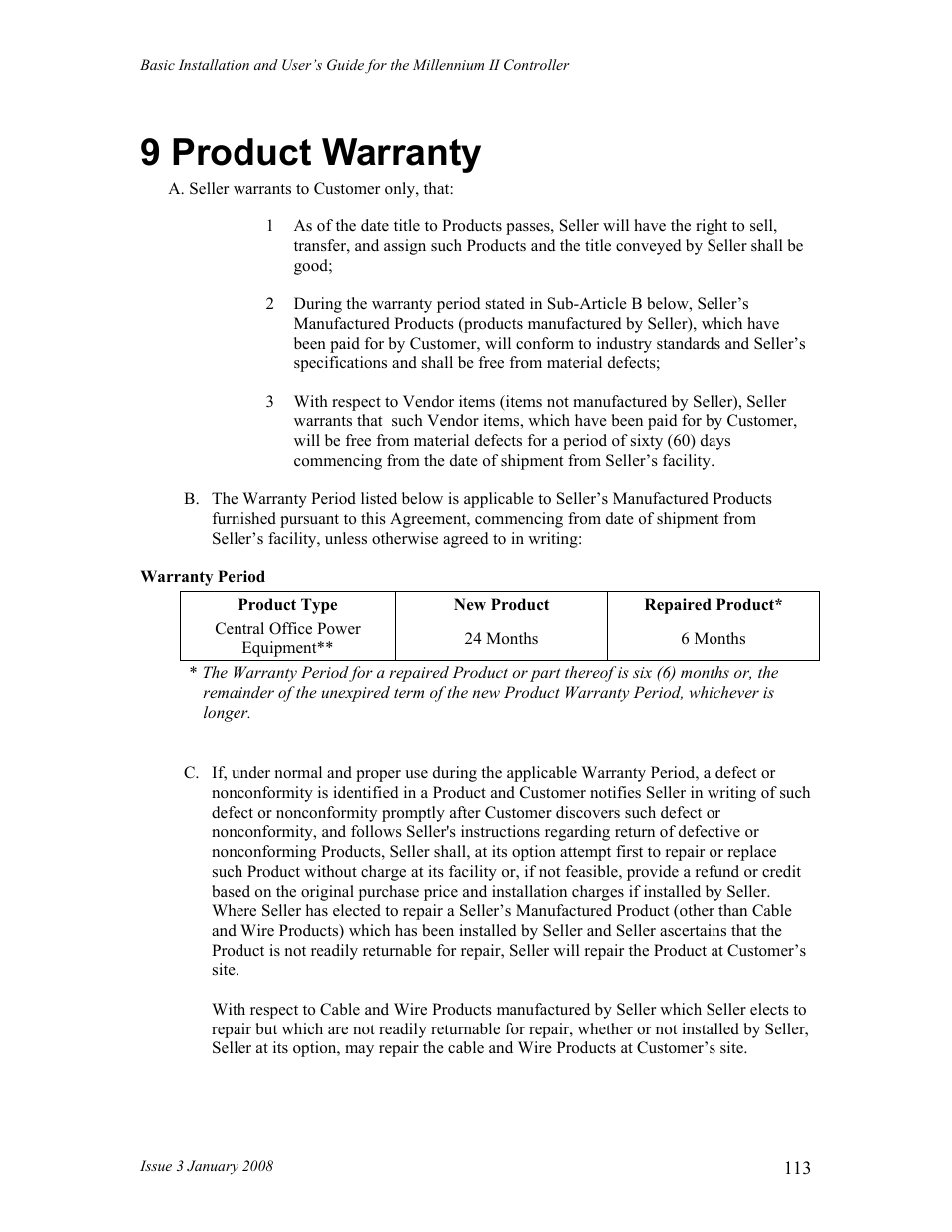 9 product warranty | GE Industrial Solutions Millennium II Controller J85501P-1 User Manual | Page 113 / 116