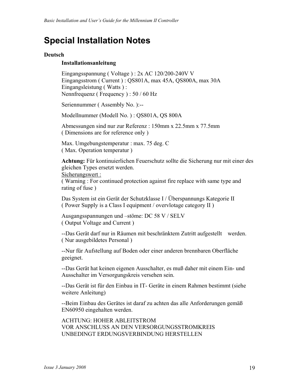 Special installation notes | GE Industrial Solutions Millennium II Controller J85501P-1 User Manual | Page 19 / 116