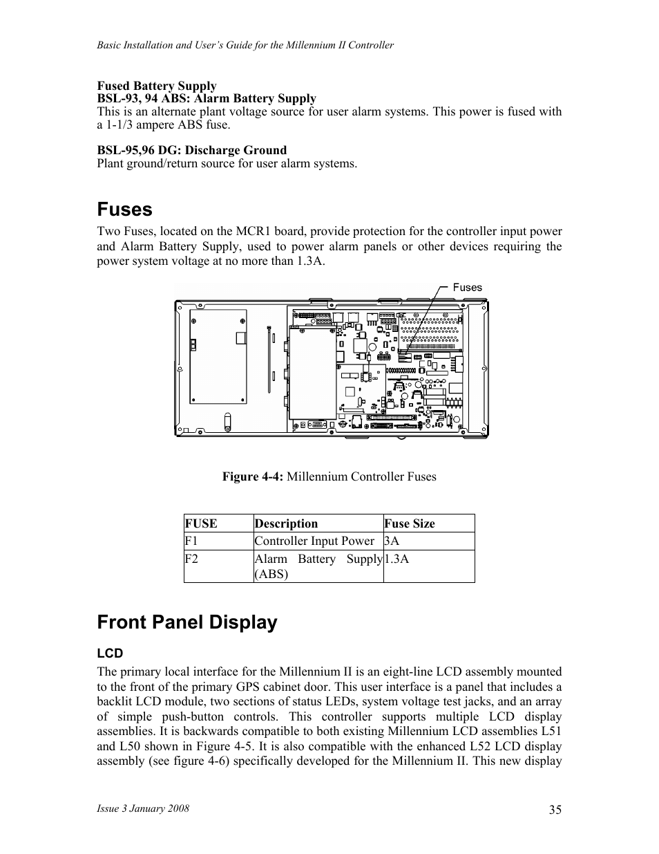 Fuses, Front panel display, 35 front panel display | GE Industrial Solutions Millennium II Controller J85501P-1 User Manual | Page 35 / 116