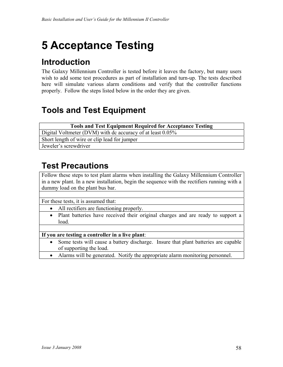 5 acceptance testing, Introduction, Tools and test equipment | Test precautions | GE Industrial Solutions Millennium II Controller J85501P-1 User Manual | Page 58 / 116