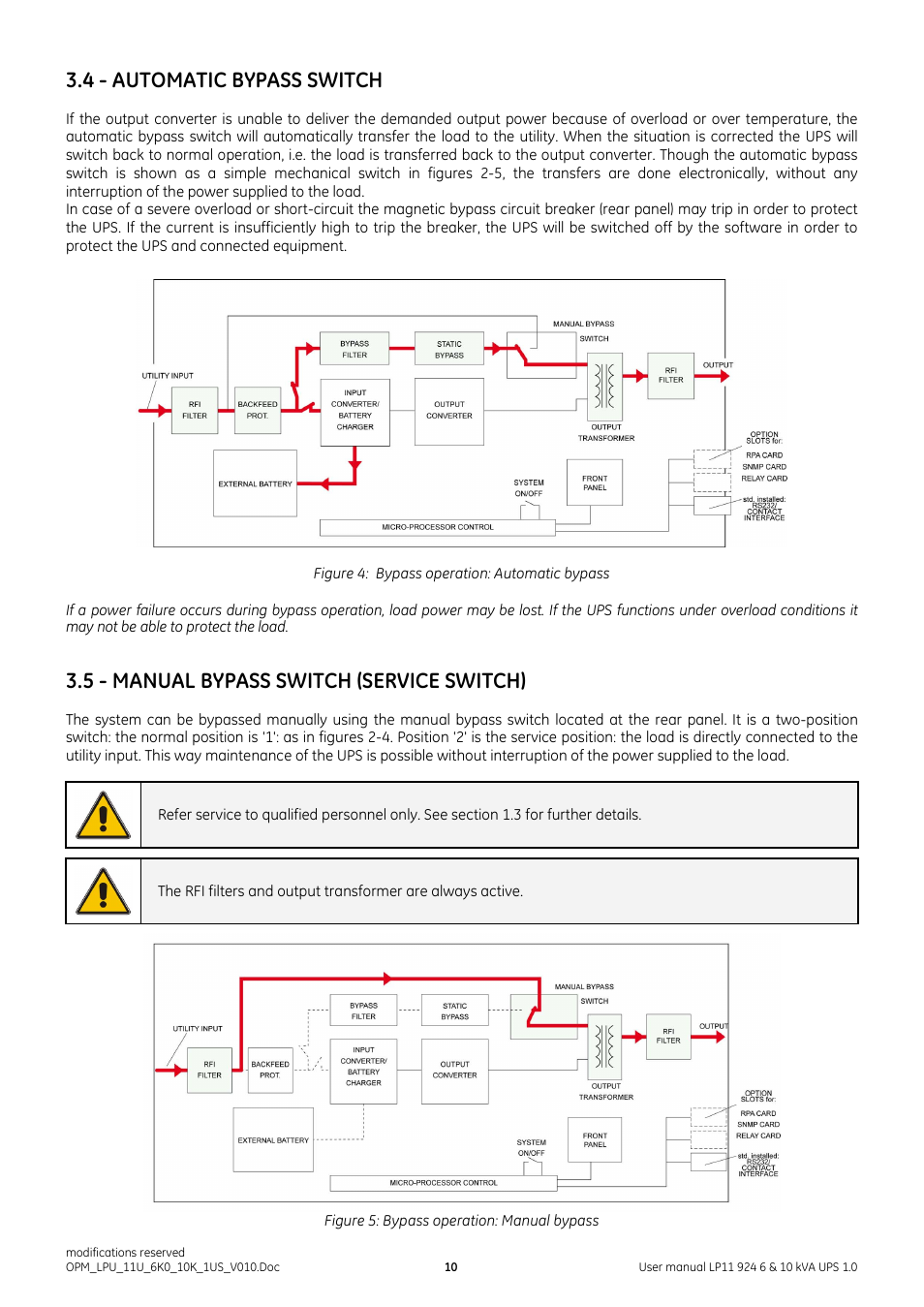4 - automatic bypass switch, 5 - manual bypass switch (service switch) | GE Industrial Solutions LP11 924 Series 6 & 10 kVA User Manual | Page 11 / 54