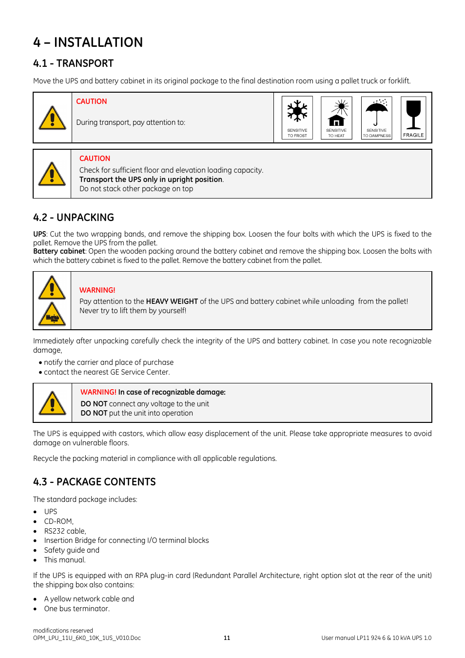 4 – installation, 1 - transport, 2 - unpacking | 3 - package contents | GE Industrial Solutions LP11 924 Series 6 & 10 kVA User Manual | Page 12 / 54