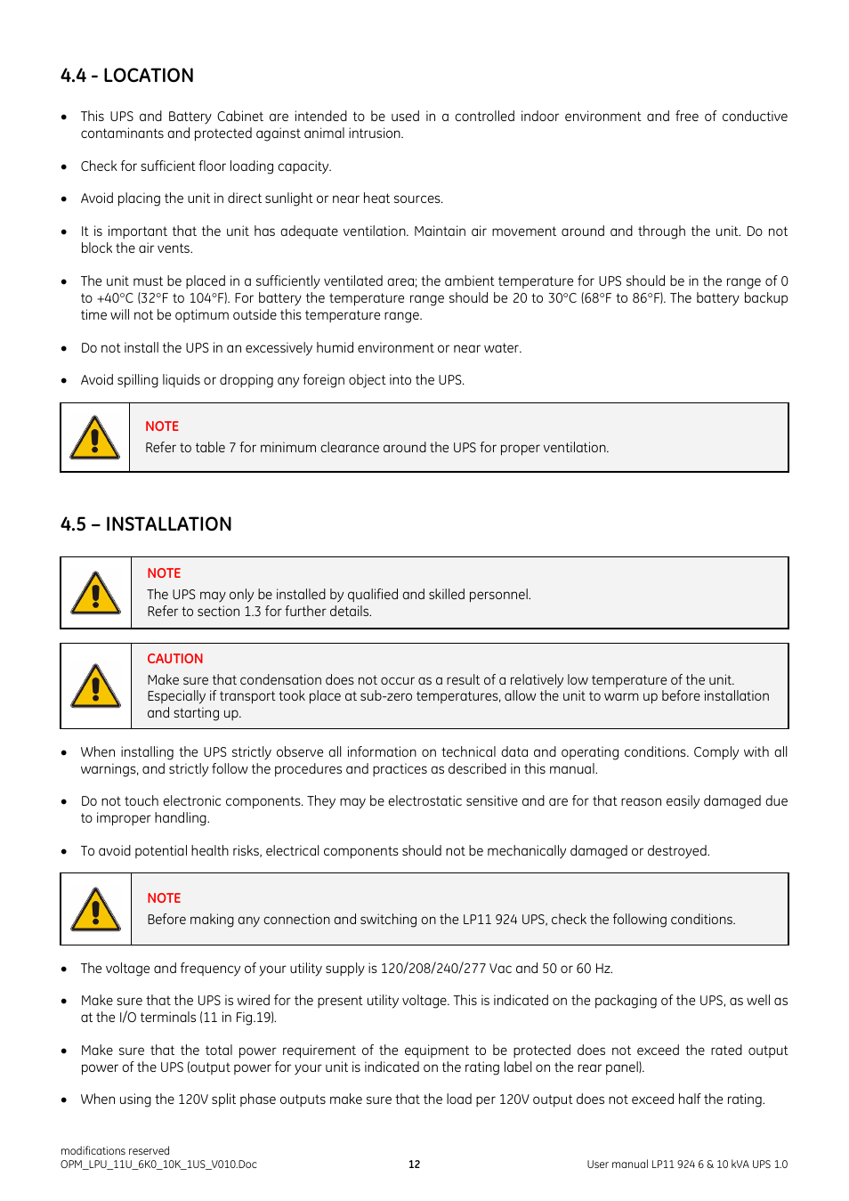 4 - location, 5 – installation | GE Industrial Solutions LP11 924 Series 6 & 10 kVA User Manual | Page 13 / 54