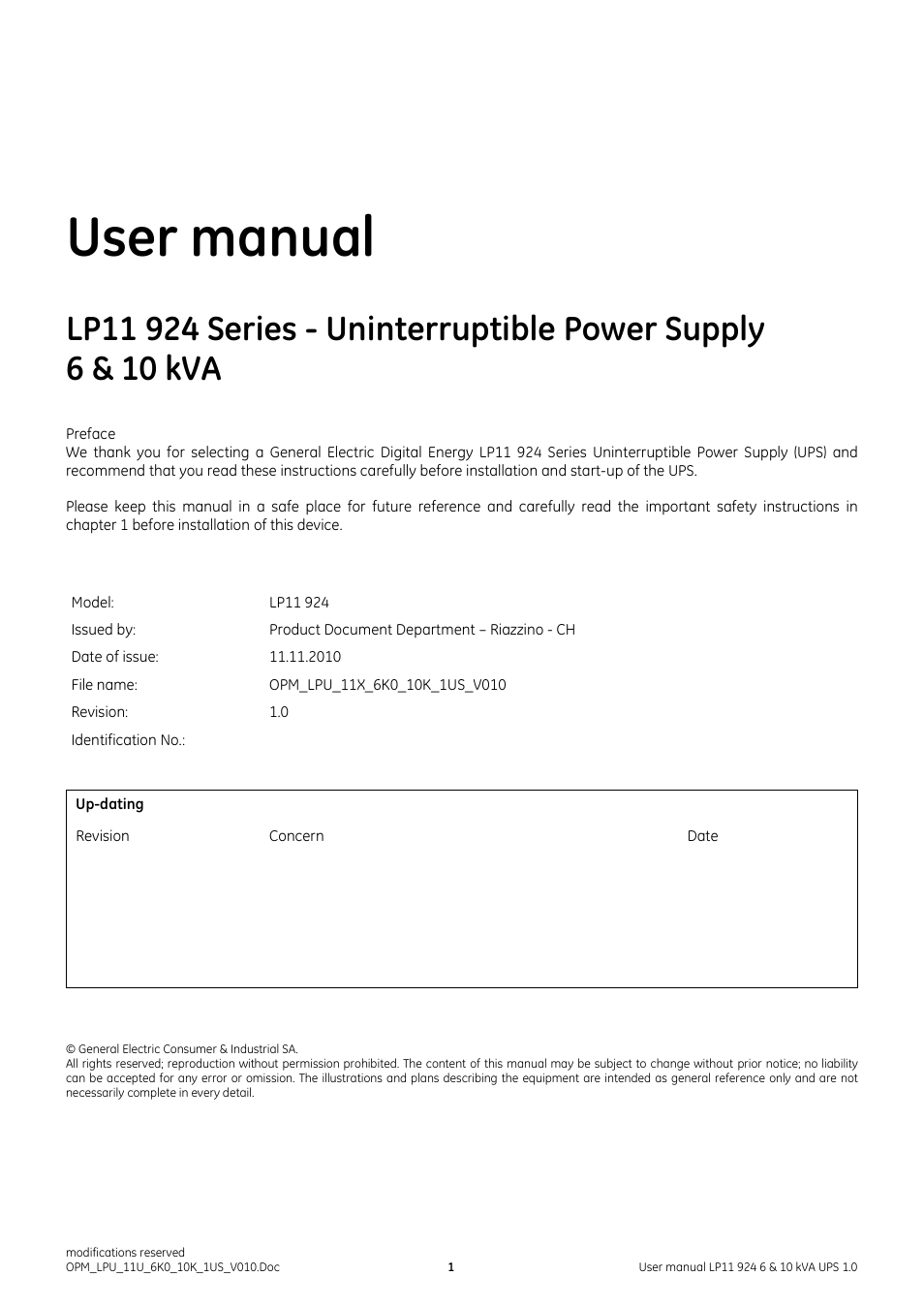User manual | GE Industrial Solutions LP11 924 Series 6 & 10 kVA User Manual | Page 2 / 54