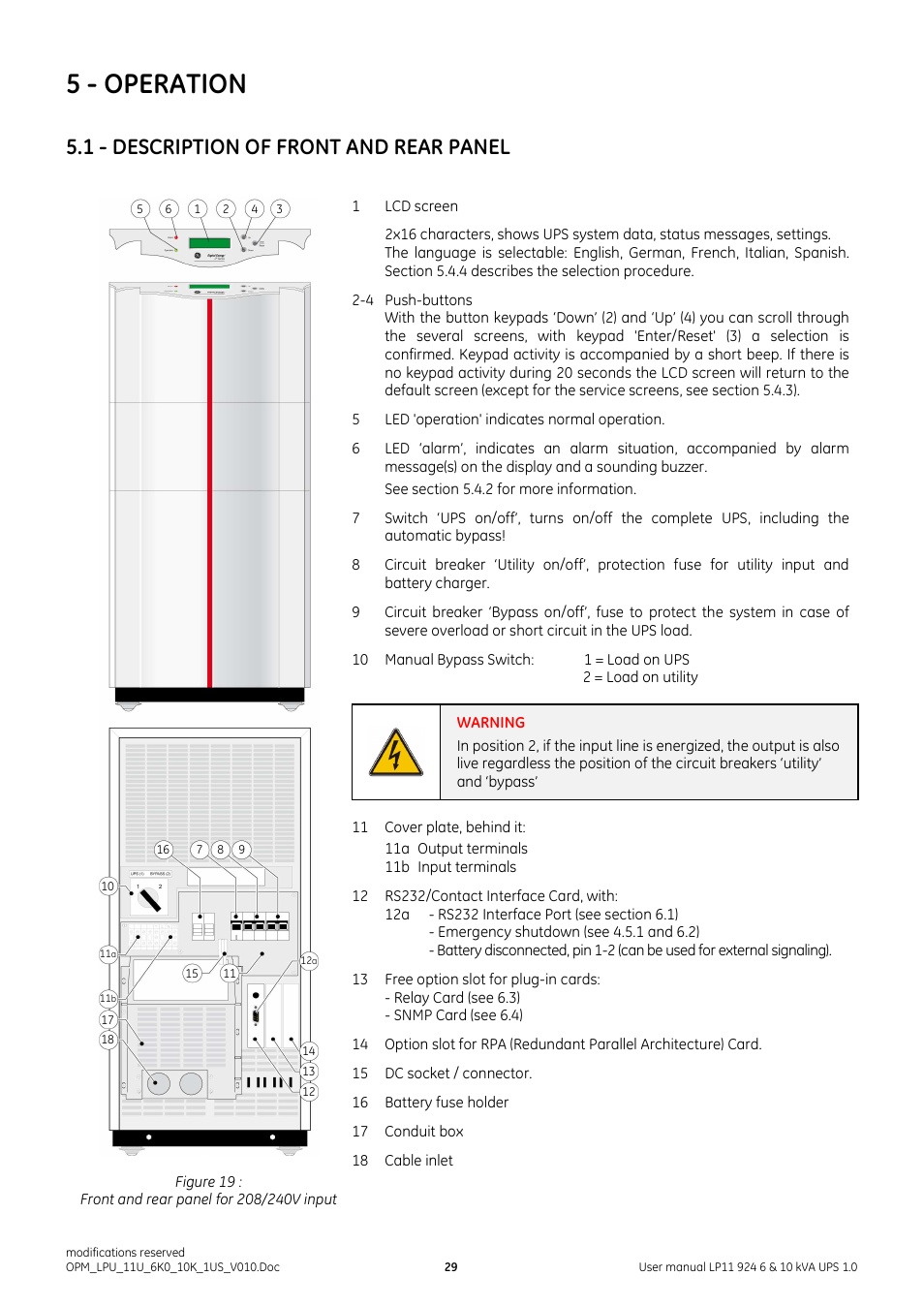 5 - operation, 1 - description of front and rear panel | GE Industrial Solutions LP11 924 Series 6 & 10 kVA User Manual | Page 30 / 54