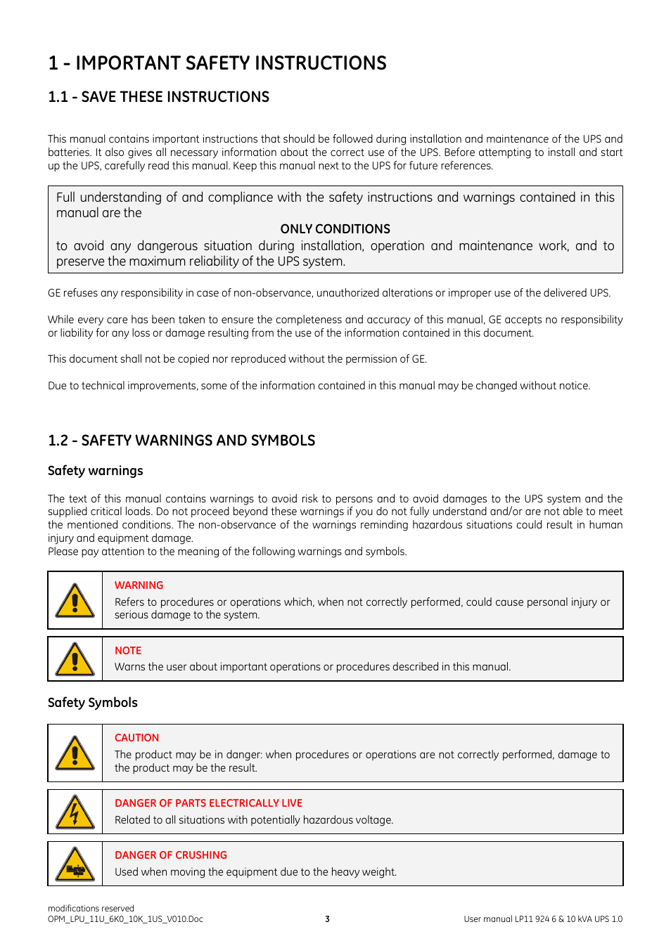 1 - important safety instructions, 1 - save these instructions, 2 - safety warnings and symbols | Safety warnings, Safety symbols | GE Industrial Solutions LP11 924 Series 6 & 10 kVA User Manual | Page 4 / 54