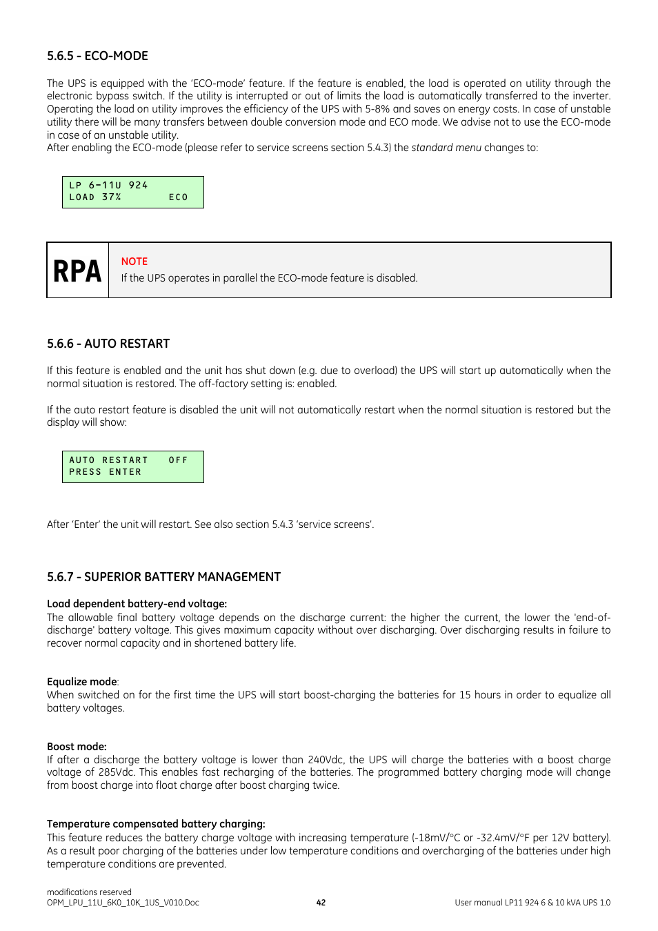 5 - eco-mode, 6 - auto restart, 7 - superior battery management | GE Industrial Solutions LP11 924 Series 6 & 10 kVA User Manual | Page 43 / 54
