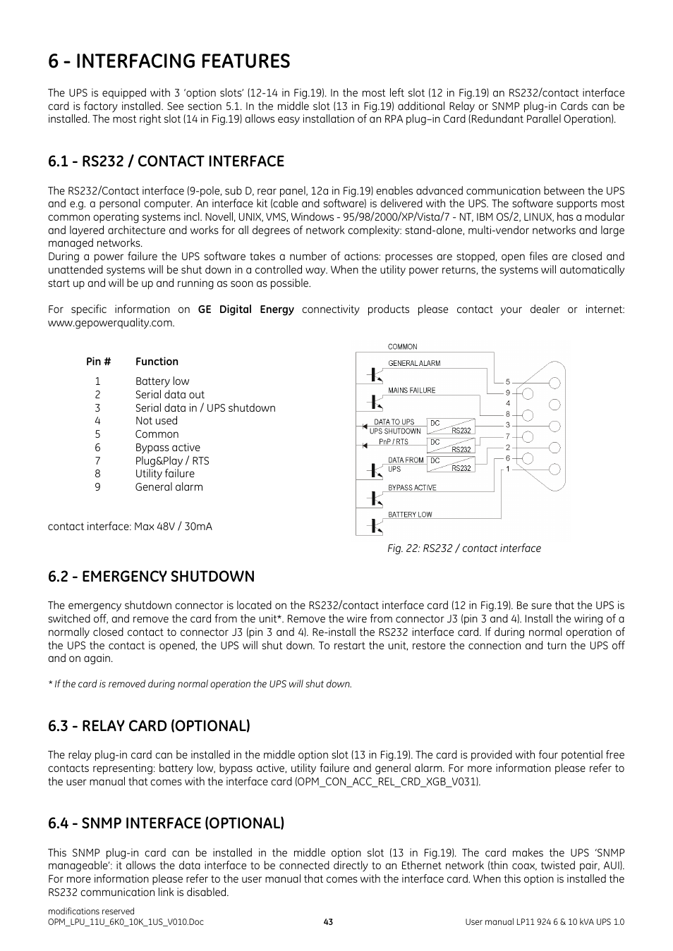 6 - interfacing features, 1 - rs232 / contact interface, 2 - emergency shutdown | 3 - relay card (optional), 4 - snmp interface (optional) | GE Industrial Solutions LP11 924 Series 6 & 10 kVA User Manual | Page 44 / 54