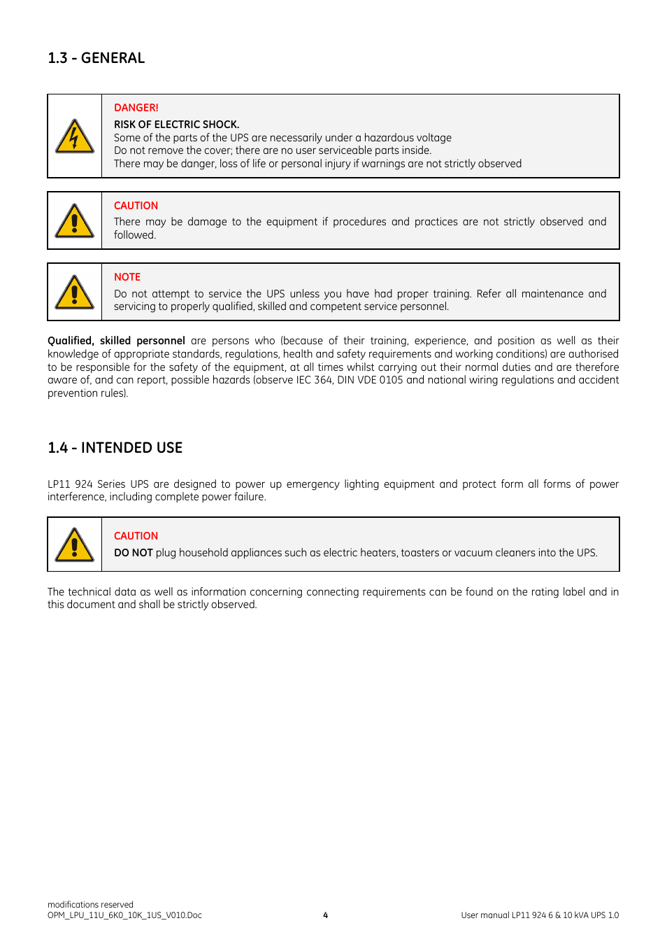 3 - general, 4 - intended use | GE Industrial Solutions LP11 924 Series 6 & 10 kVA User Manual | Page 5 / 54
