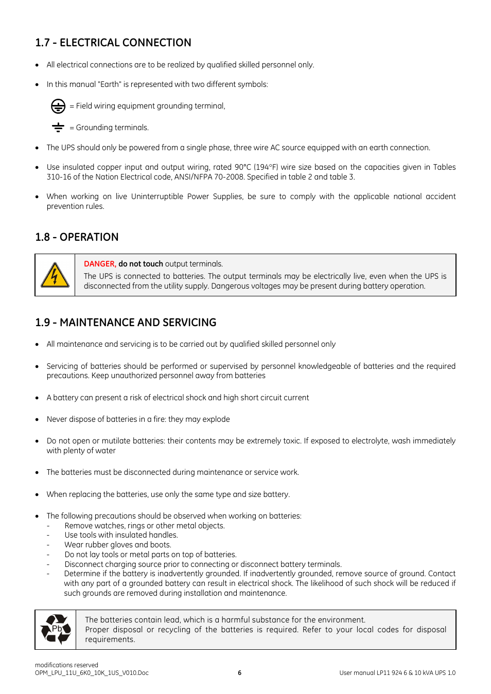 7 - electrical connection, 8 - operation, 9 - maintenance and servicing | 10 - fcc compliance statement | GE Industrial Solutions LP11 924 Series 6 & 10 kVA User Manual | Page 7 / 54