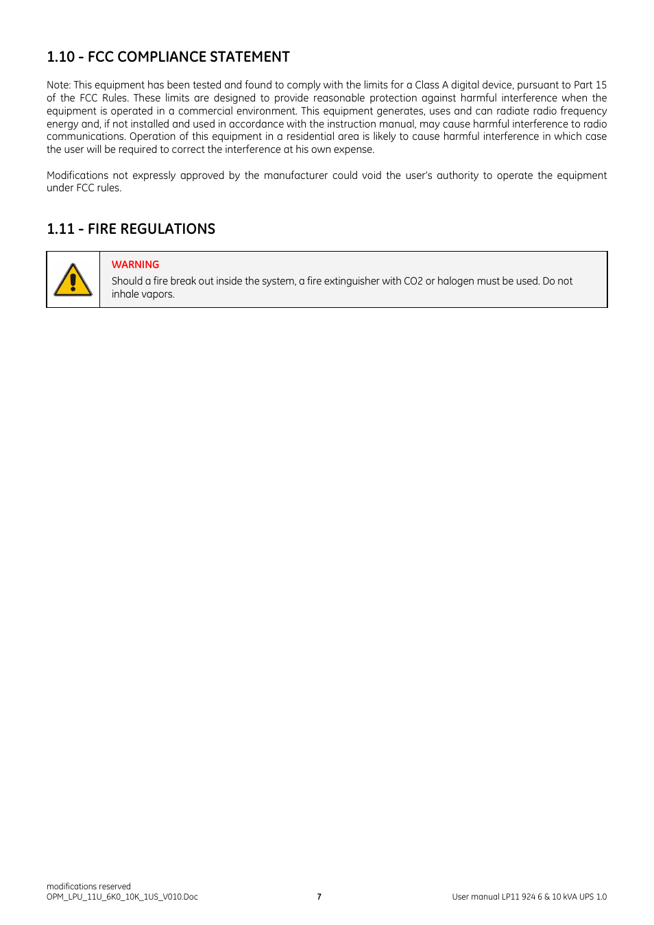 10 - fcc compliance statement, 11 - fire regulations | GE Industrial Solutions LP11 924 Series 6 & 10 kVA User Manual | Page 8 / 54
