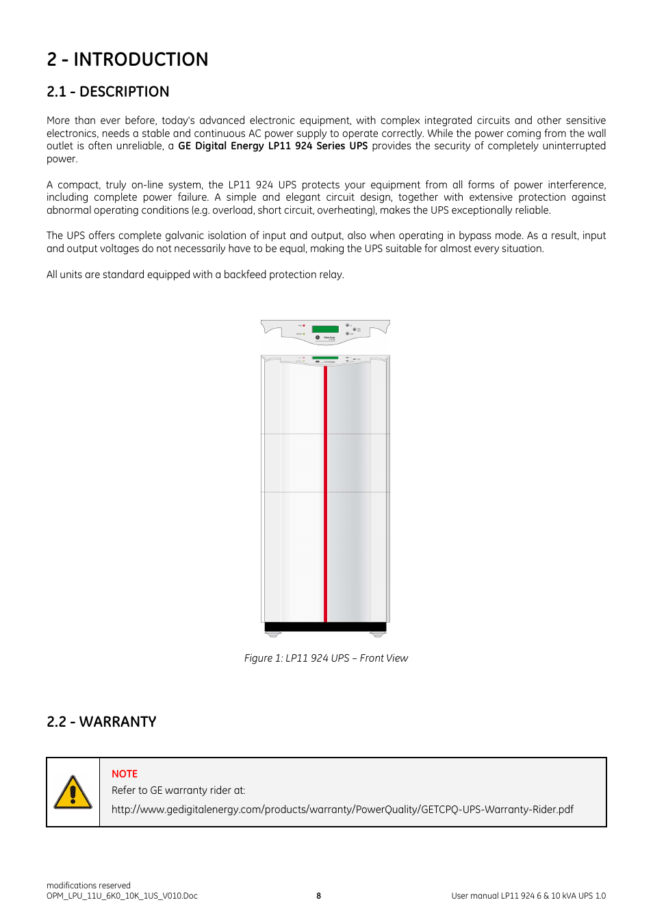 2 - introduction, 1 - description, 2 - warranty | GE Industrial Solutions LP11 924 Series 6 & 10 kVA User Manual | Page 9 / 54