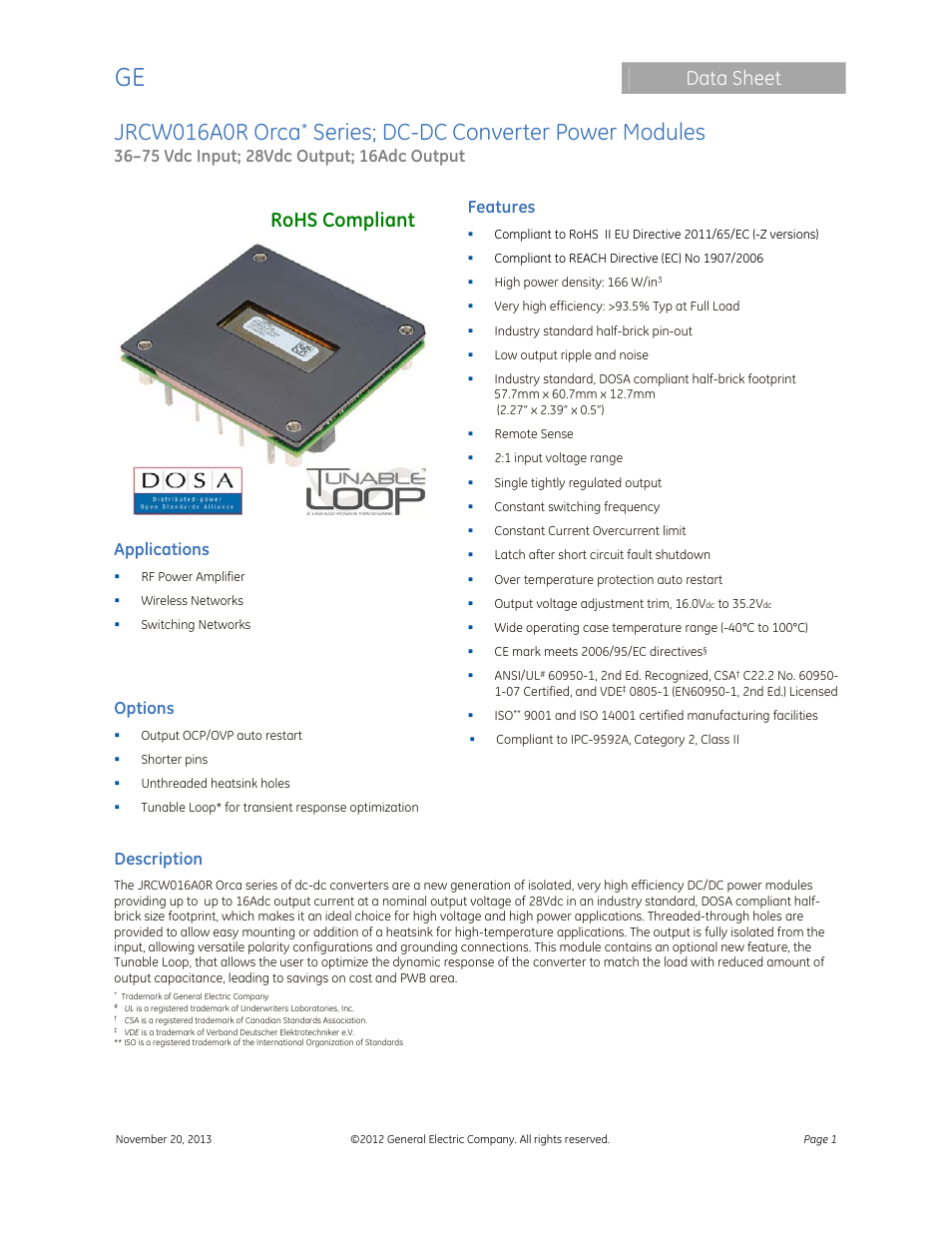 GE Industrial Solutions JRCW016A0R Orca Series User Manual | 15 pages