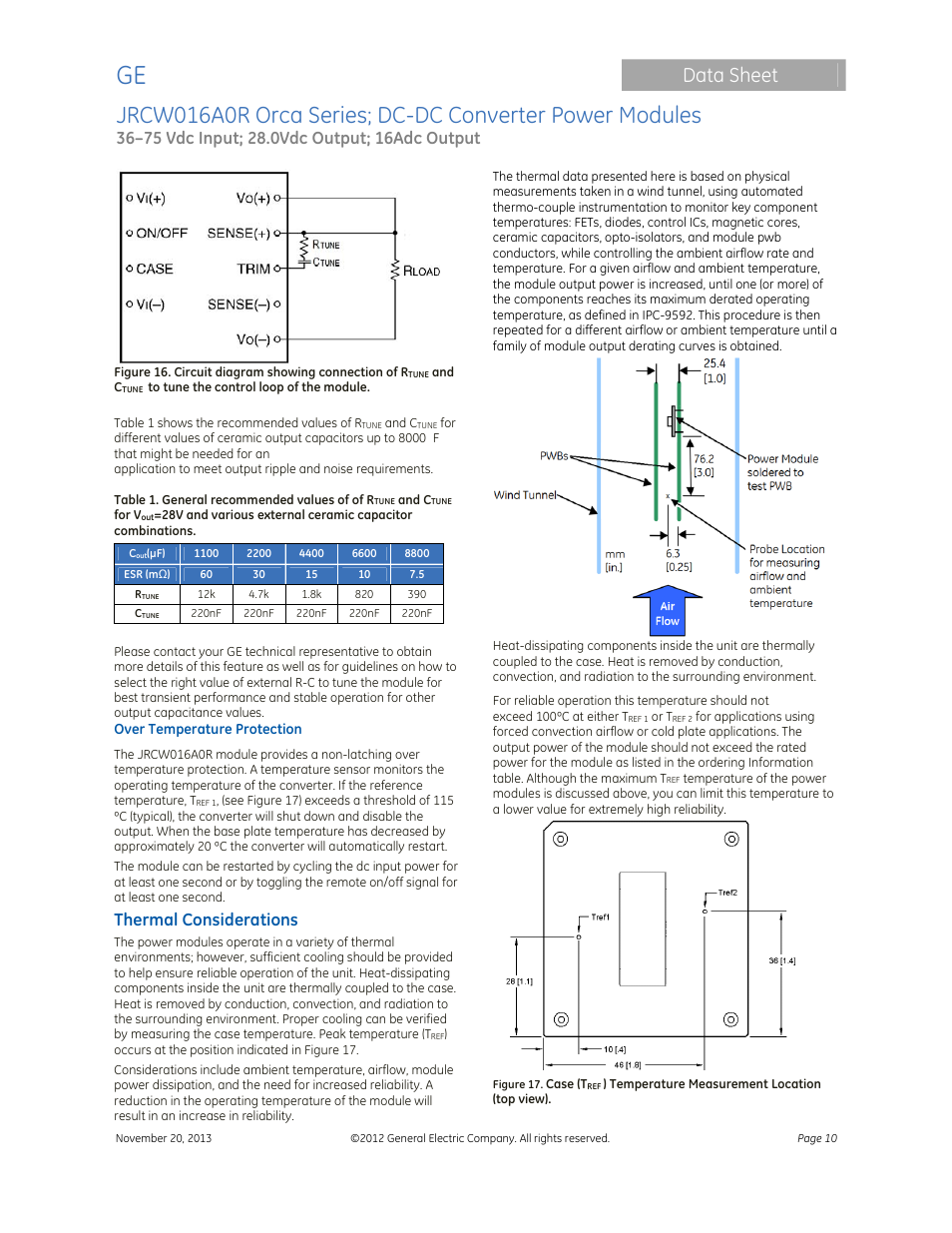 Data sheet, Thermal considerations | GE Industrial Solutions JRCW016A0R Orca Series User Manual | Page 10 / 15