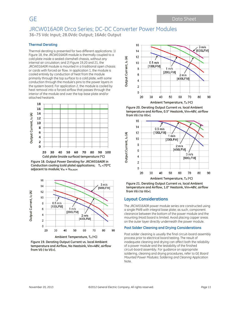 Data sheet, Layout considerations | GE Industrial Solutions JRCW016A0R Orca Series User Manual | Page 11 / 15