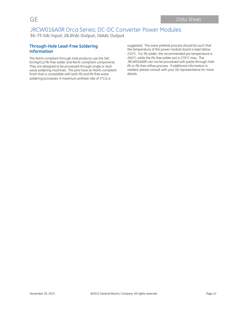 GE Industrial Solutions JRCW016A0R Orca Series User Manual | Page 12 / 15