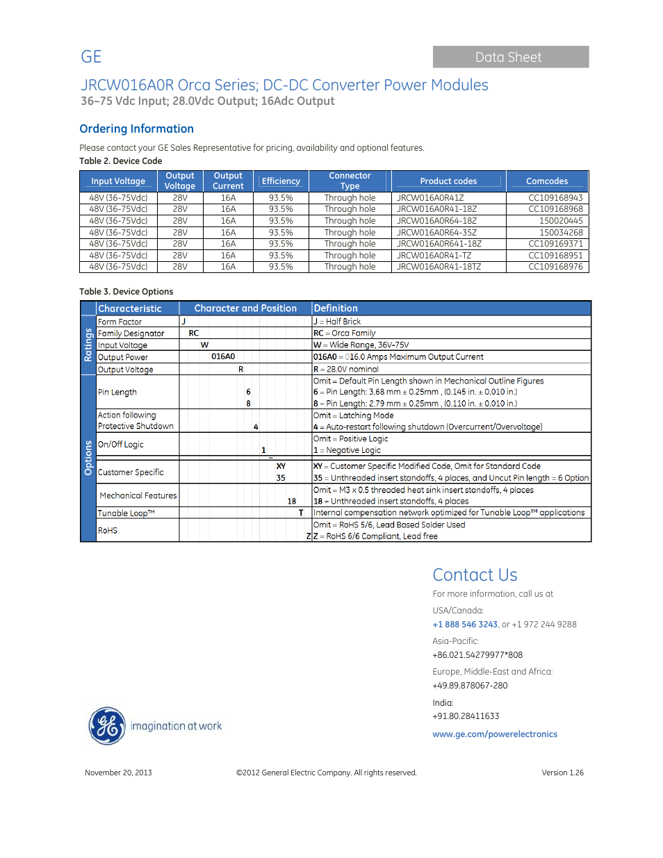 Contact us, Data sheet | GE Industrial Solutions JRCW016A0R Orca Series User Manual | Page 15 / 15