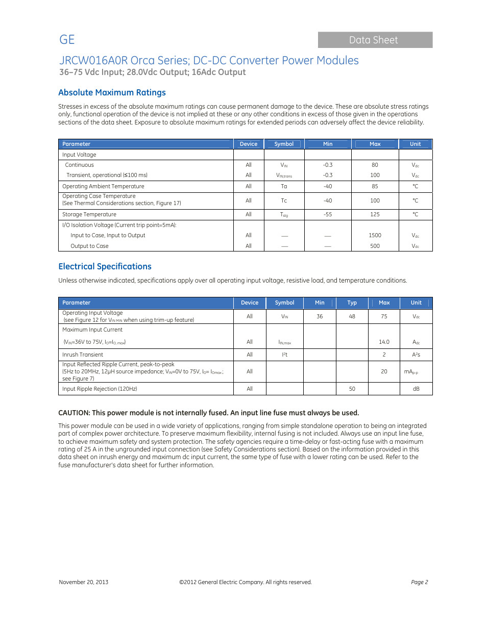 Data sheet, Absolute maximum ratings, Electrical specifications | GE Industrial Solutions JRCW016A0R Orca Series User Manual | Page 2 / 15