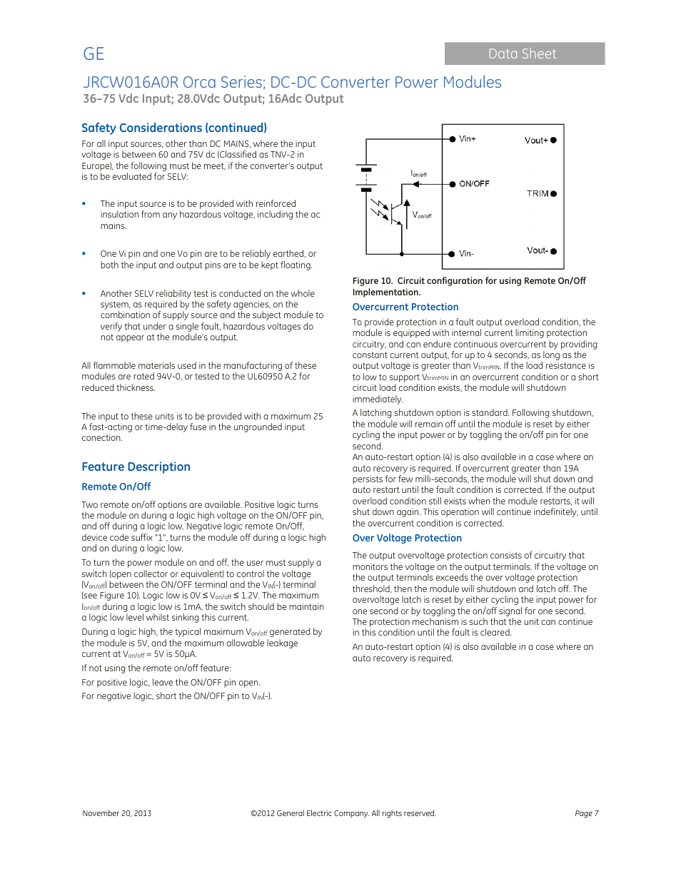 Data sheet, Safety considerations (continued), Feature description | GE Industrial Solutions JRCW016A0R Orca Series User Manual | Page 7 / 15