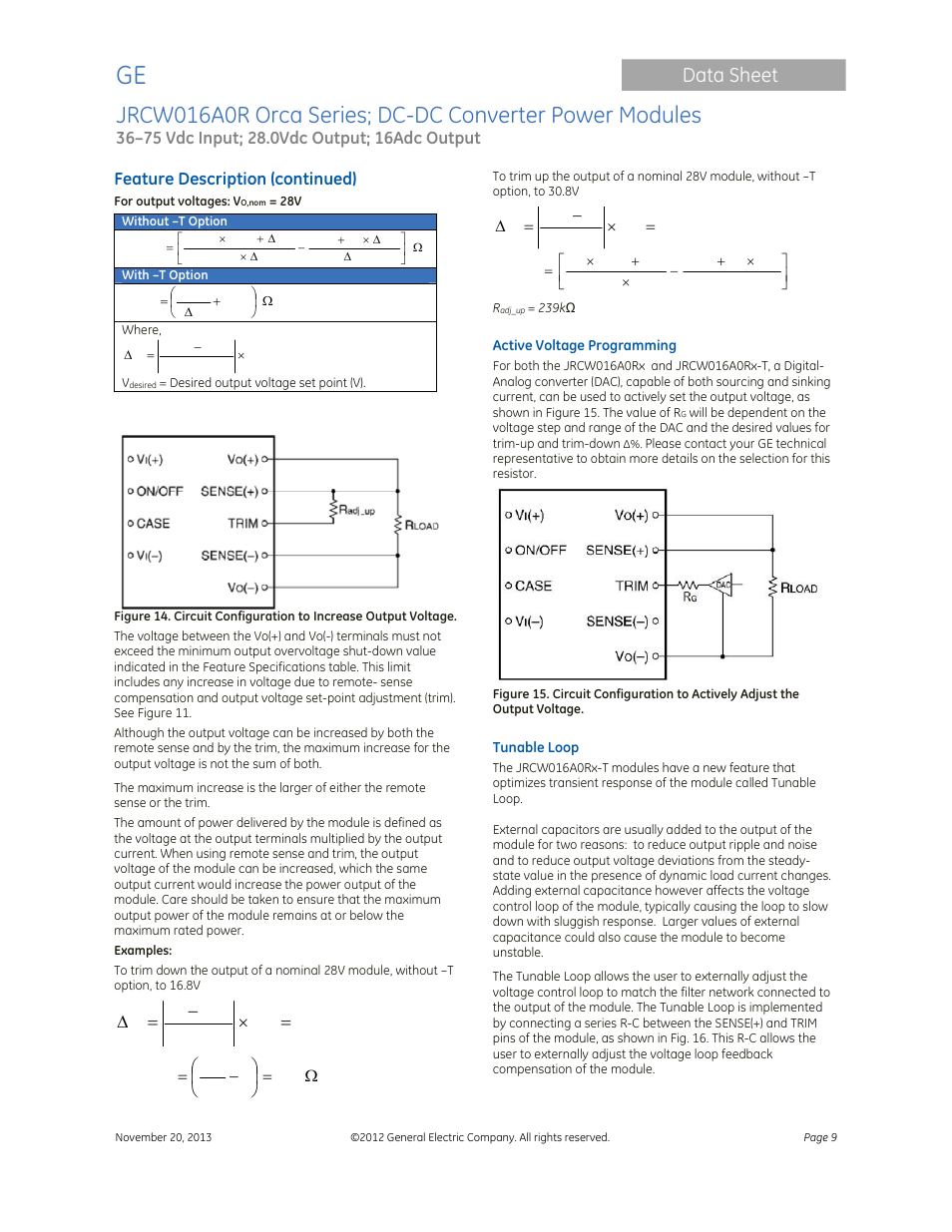 Data sheet, Feature description (continued) | GE Industrial Solutions JRCW016A0R Orca Series User Manual | Page 9 / 15