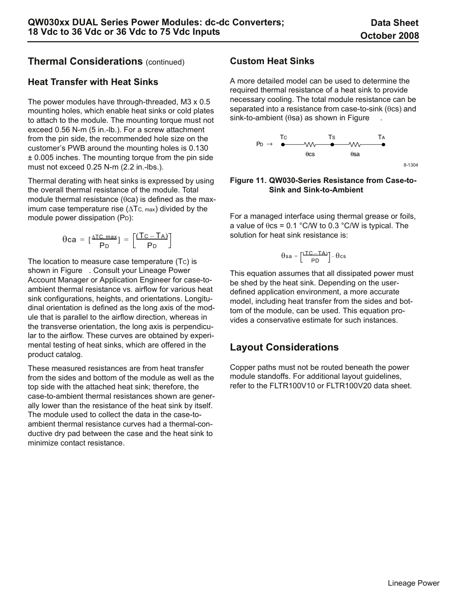 Thermal considerations, Layout considerations, Heat transfer with heat sinks | Custom heat sinks | GE Industrial Solutions QW030xx DUAL Series User Manual | Page 12 / 15