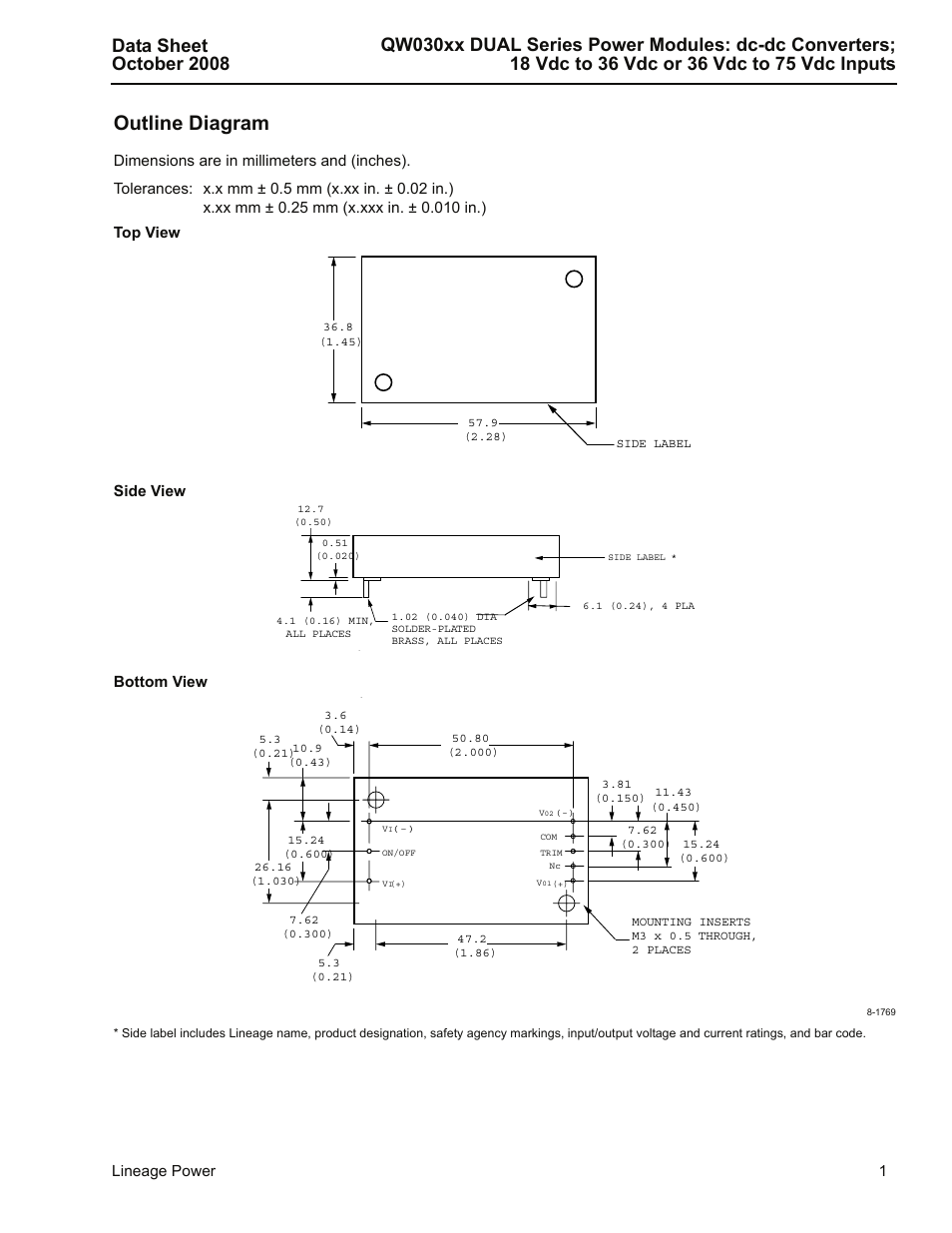 Outline diagram | GE Industrial Solutions QW030xx DUAL Series User Manual | Page 13 / 15
