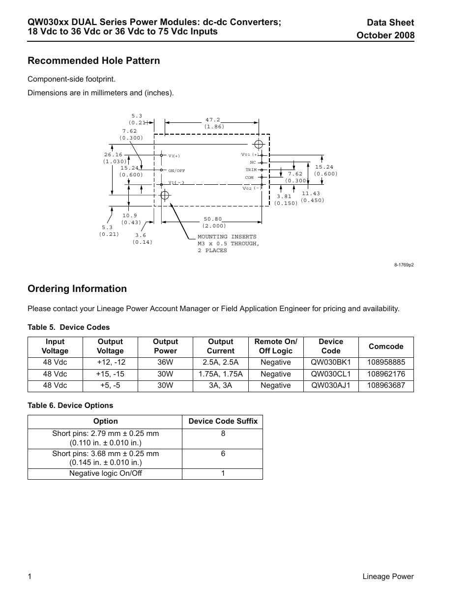 Recommended hole pattern, Ordering information | GE Industrial Solutions QW030xx DUAL Series User Manual | Page 14 / 15
