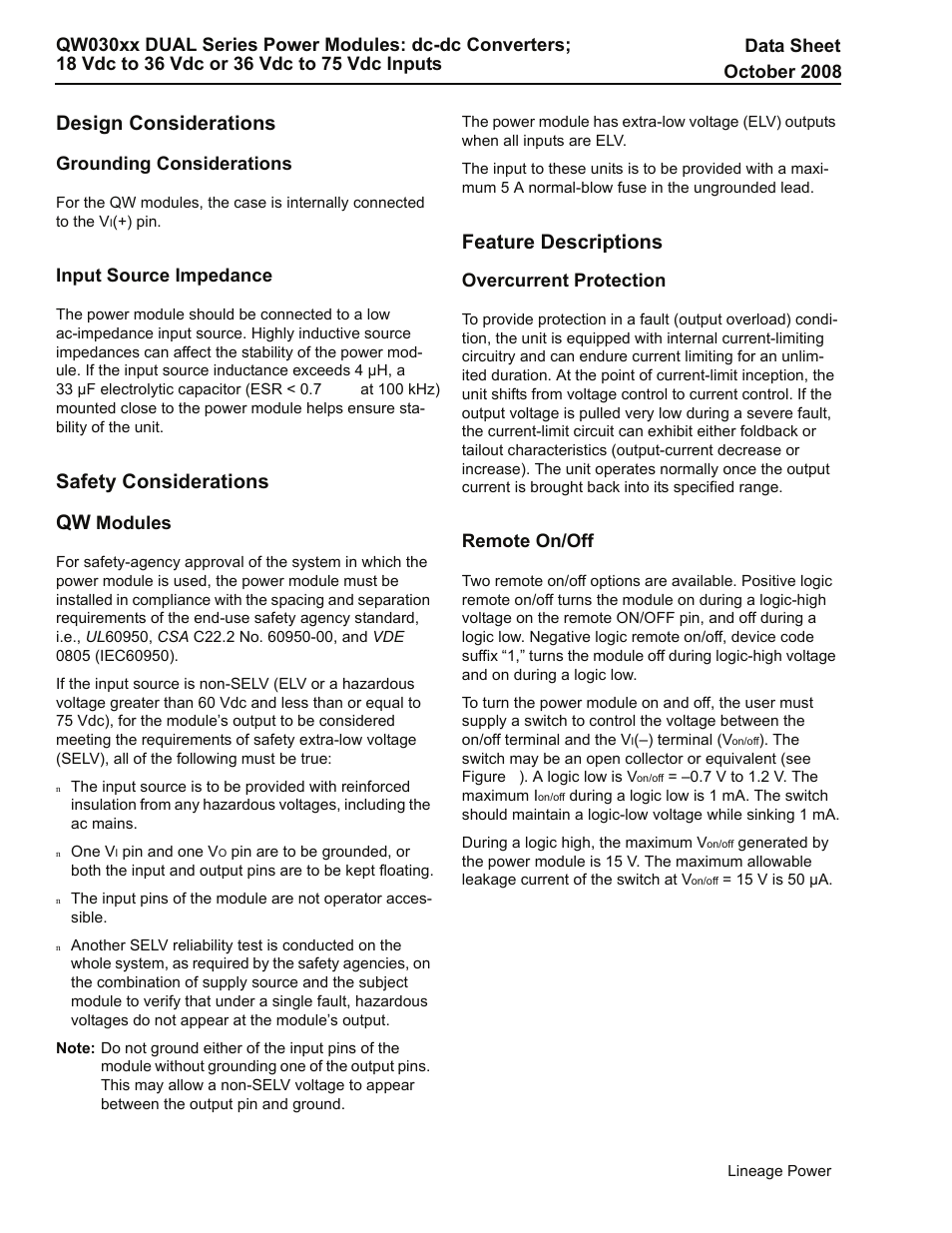 Design considerations, Safety considerations qw, Feature descriptions | GE Industrial Solutions QW030xx DUAL Series User Manual | Page 8 / 15