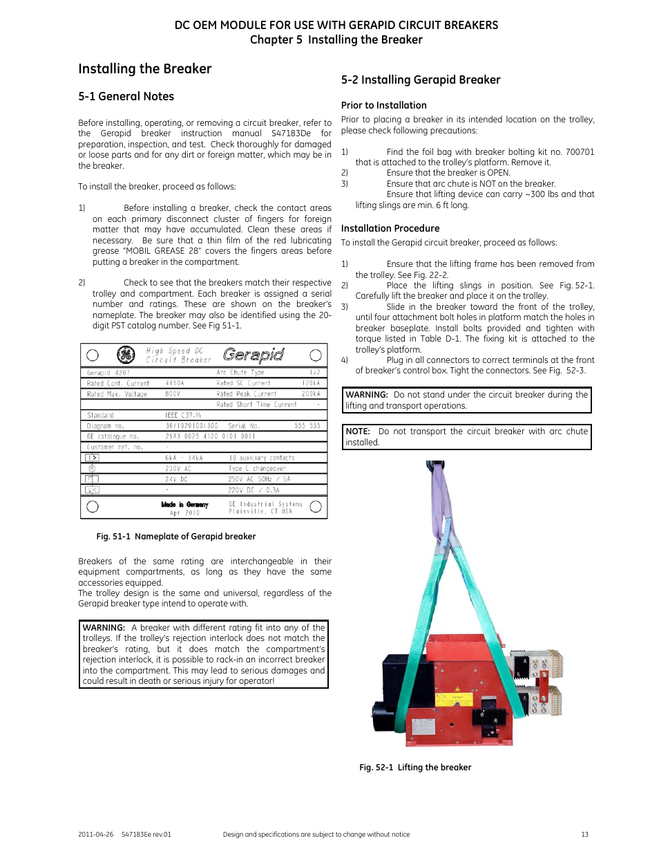 Installing the breaker, 2 installing gerapid breaker | GE Industrial Solutions DC OEM Module For use with Gerapid DC Circuit Breaker User Manual | Page 13 / 49