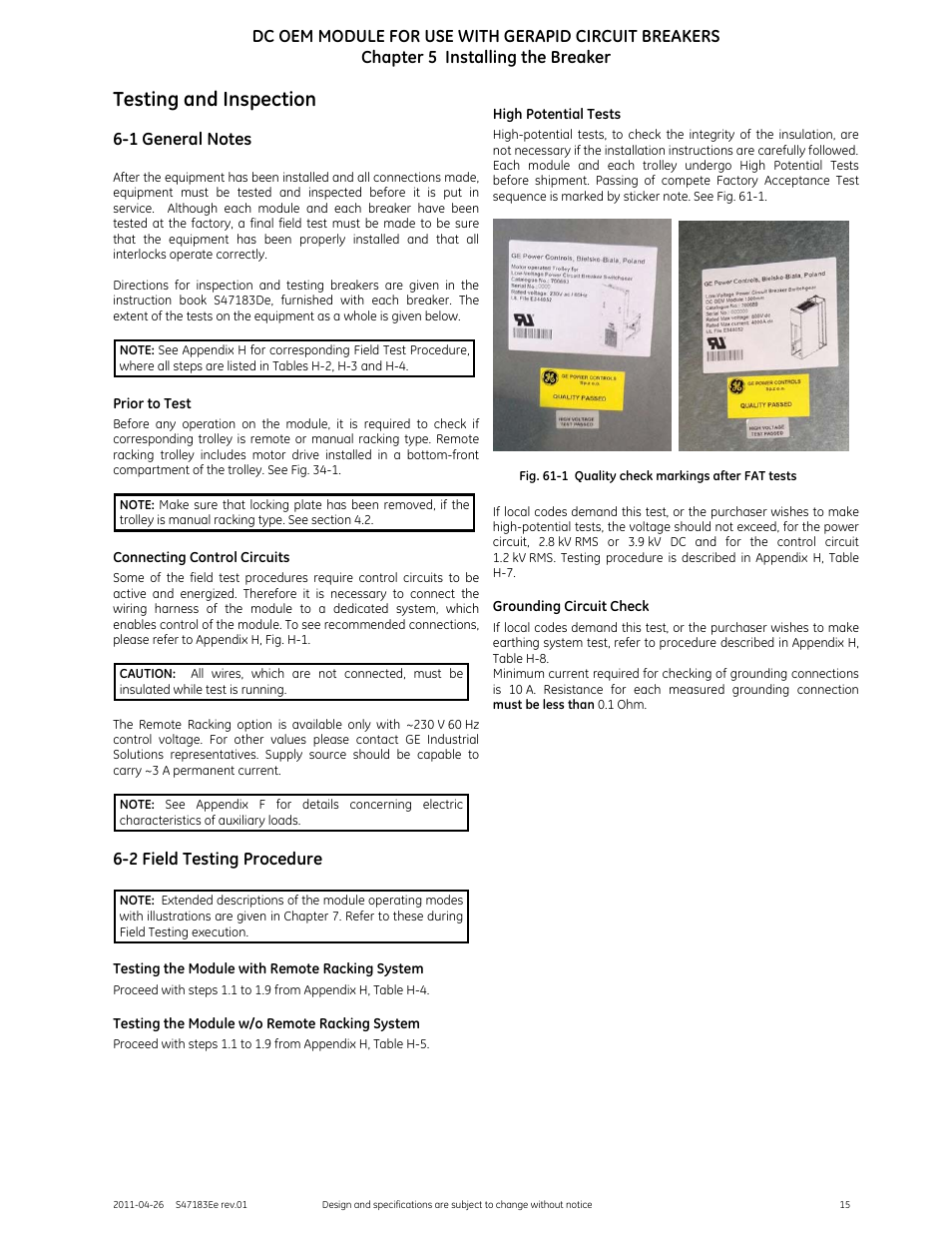 Testing and inspection | GE Industrial Solutions DC OEM Module For use with Gerapid DC Circuit Breaker User Manual | Page 15 / 49