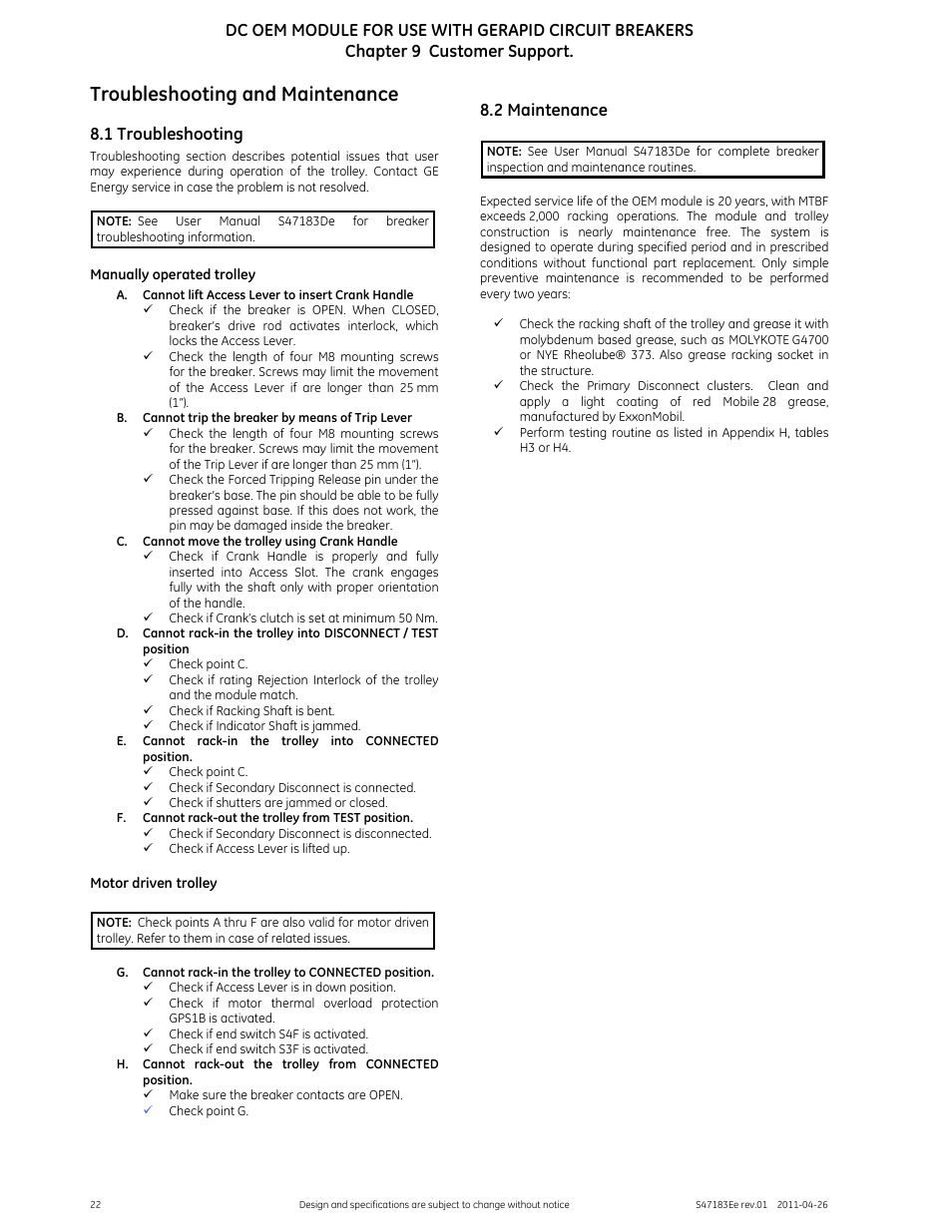 Troubleshooting and maintenance, 1 troubleshooting, 2 maintenance | GE Industrial Solutions DC OEM Module For use with Gerapid DC Circuit Breaker User Manual | Page 22 / 49