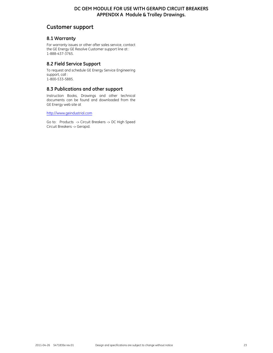 Customer support | GE Industrial Solutions DC OEM Module For use with Gerapid DC Circuit Breaker User Manual | Page 23 / 49