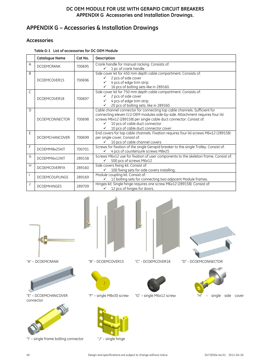 Appendix g – accessories & installation drawings, Accessories | GE Industrial Solutions DC OEM Module For use with Gerapid DC Circuit Breaker User Manual | Page 40 / 49