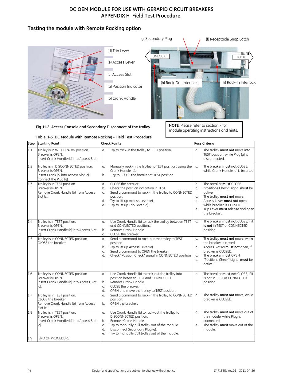 Testing the module with remote racking option | GE Industrial Solutions DC OEM Module For use with Gerapid DC Circuit Breaker User Manual | Page 44 / 49