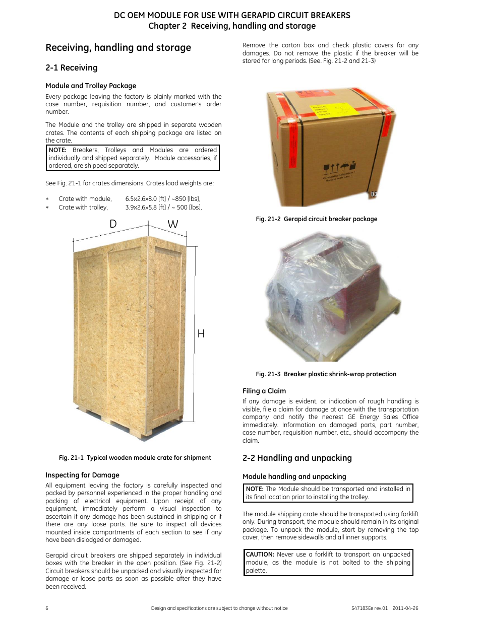 Dw h, Receiving, handling and storage | GE Industrial Solutions DC OEM Module For use with Gerapid DC Circuit Breaker User Manual | Page 6 / 49