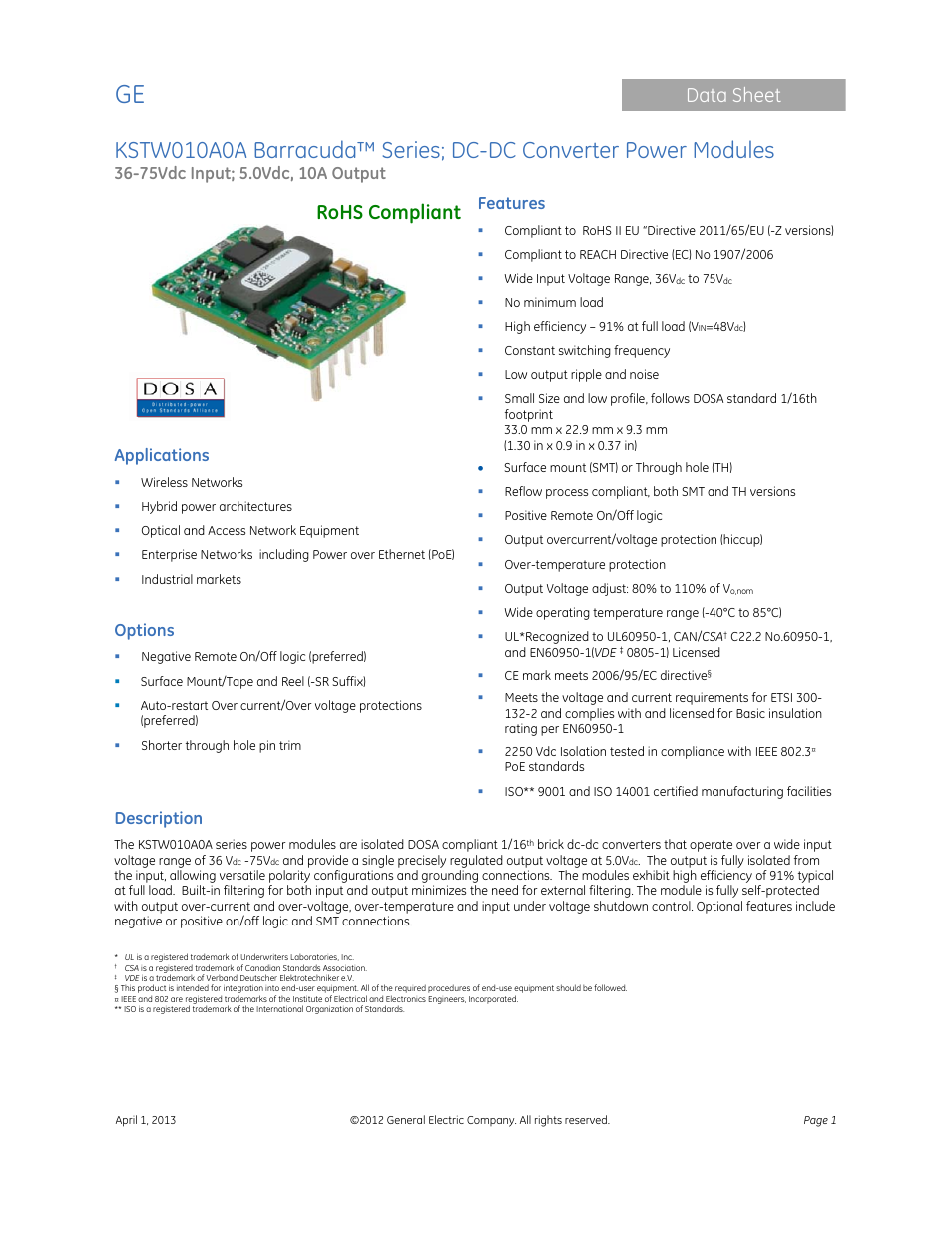 GE Industrial Solutions KSTW010A0A Barracuda Series User Manual | 16 pages