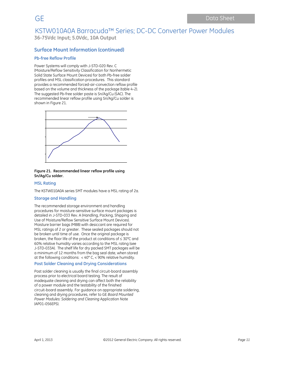 Data sheet, Surface mount information (continued) | GE Industrial Solutions KSTW010A0A Barracuda Series User Manual | Page 11 / 16