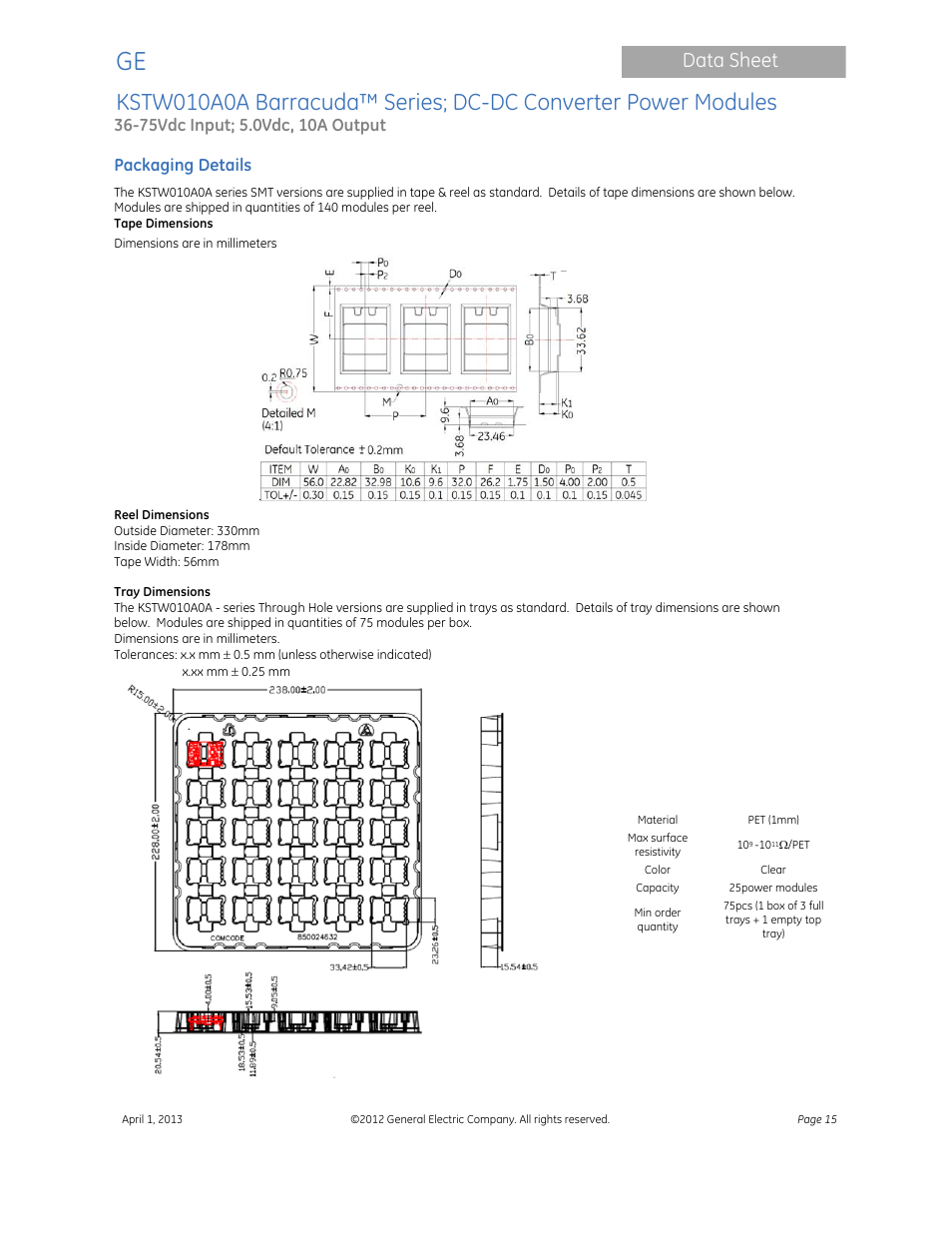 Data sheet | GE Industrial Solutions KSTW010A0A Barracuda Series User Manual | Page 15 / 16